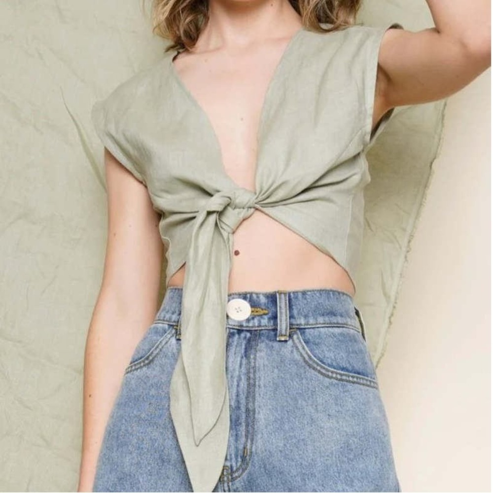 Whimsy + Row Valentina Crop Top Women XS Sage Green Linen Tie Front Sleeveless